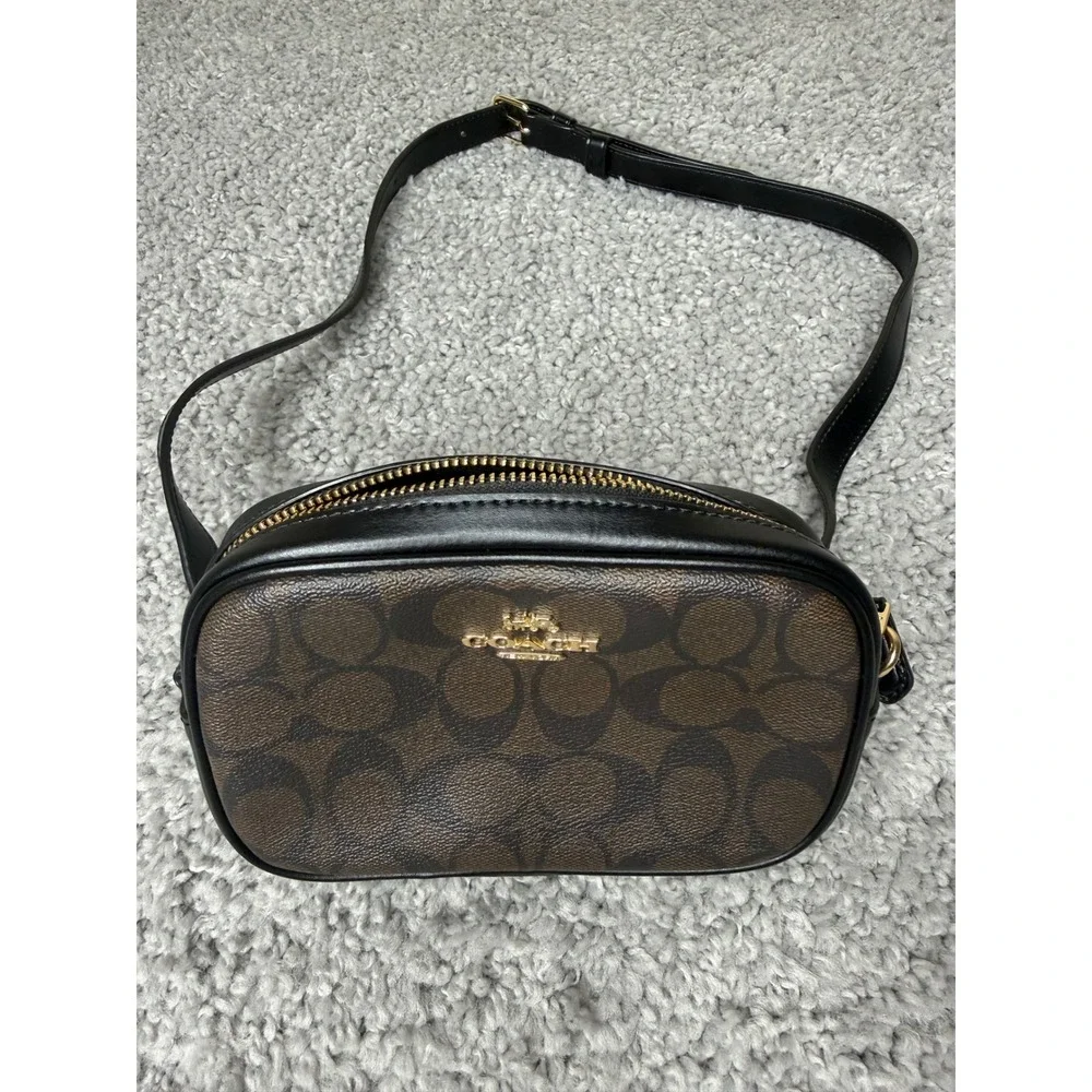 Coach Signature Canvas Camera Bag Belt Bag Crossbody Brown Black 2 Straps